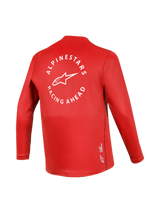 Red A-Dura Air Long Sleeve MTB Jersey, back view with white circular Alpinestars Racing Ahead logo and mesh fabric.