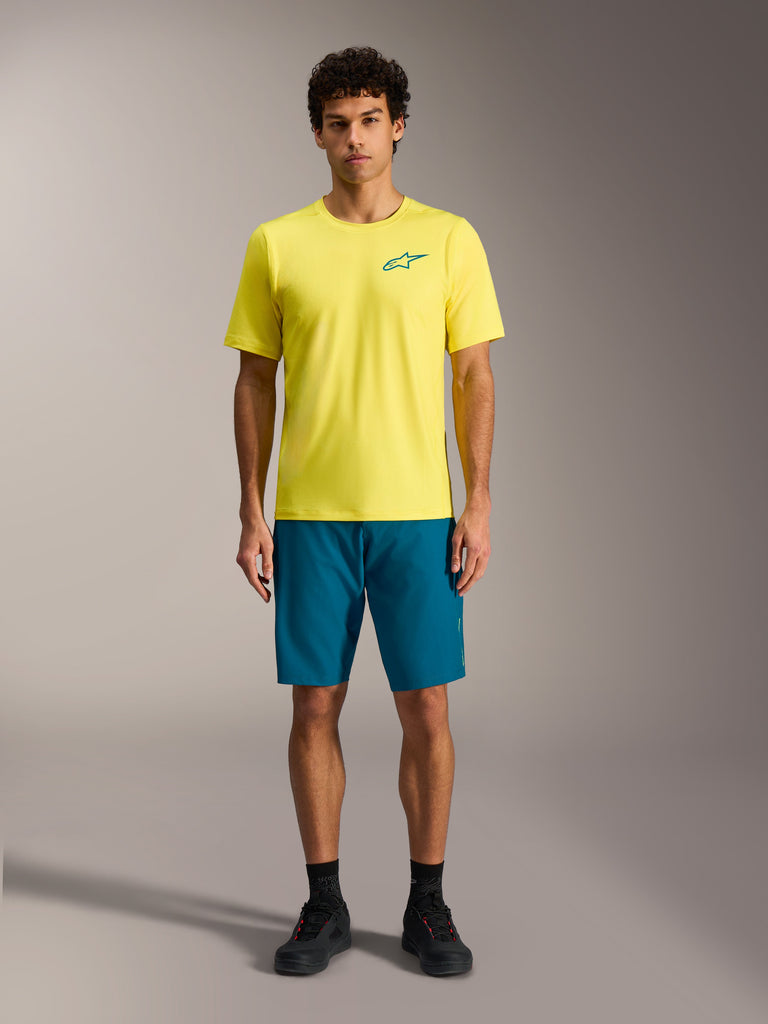 Yellow Alpinestars A-Dura Air SS Jersey and Blue Green A-Dura Ride Shorts, performance MTB riding outfit for men.