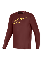A-Dura Ride Long Sleeve Jersey in Bordeaux with a yellow Alpinestars logo, lightweight performance MTB gear.