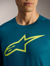 A-Dura Ride Long Sleeve Jersey in blue green with a bold lime Astars logo on the chest, performance MTB apparel.