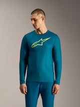 Blue Green A-Dura Ride Long Sleeve Jersey with a lime yellow Alpinestars logo, performance mountain bike apparel.