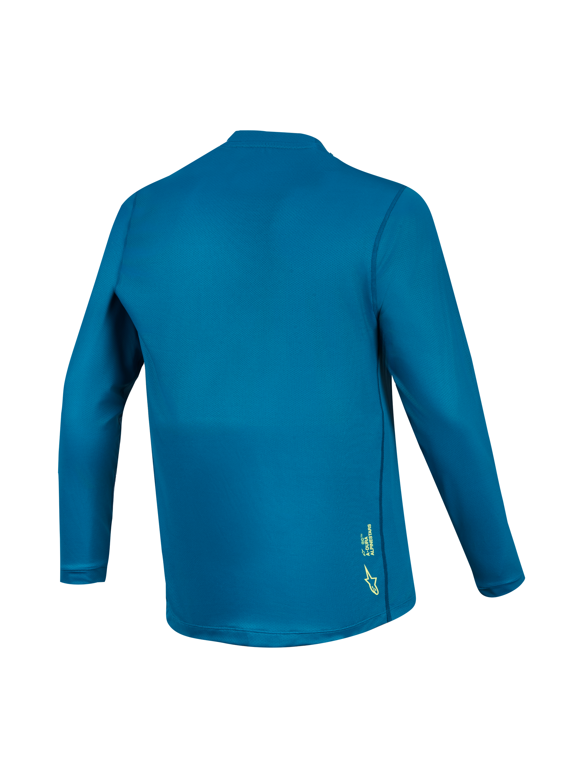 A-Dura Ride Long Sleeve MTB Jersey in blue green, back view featuring performance fabric and a small yellow logo.