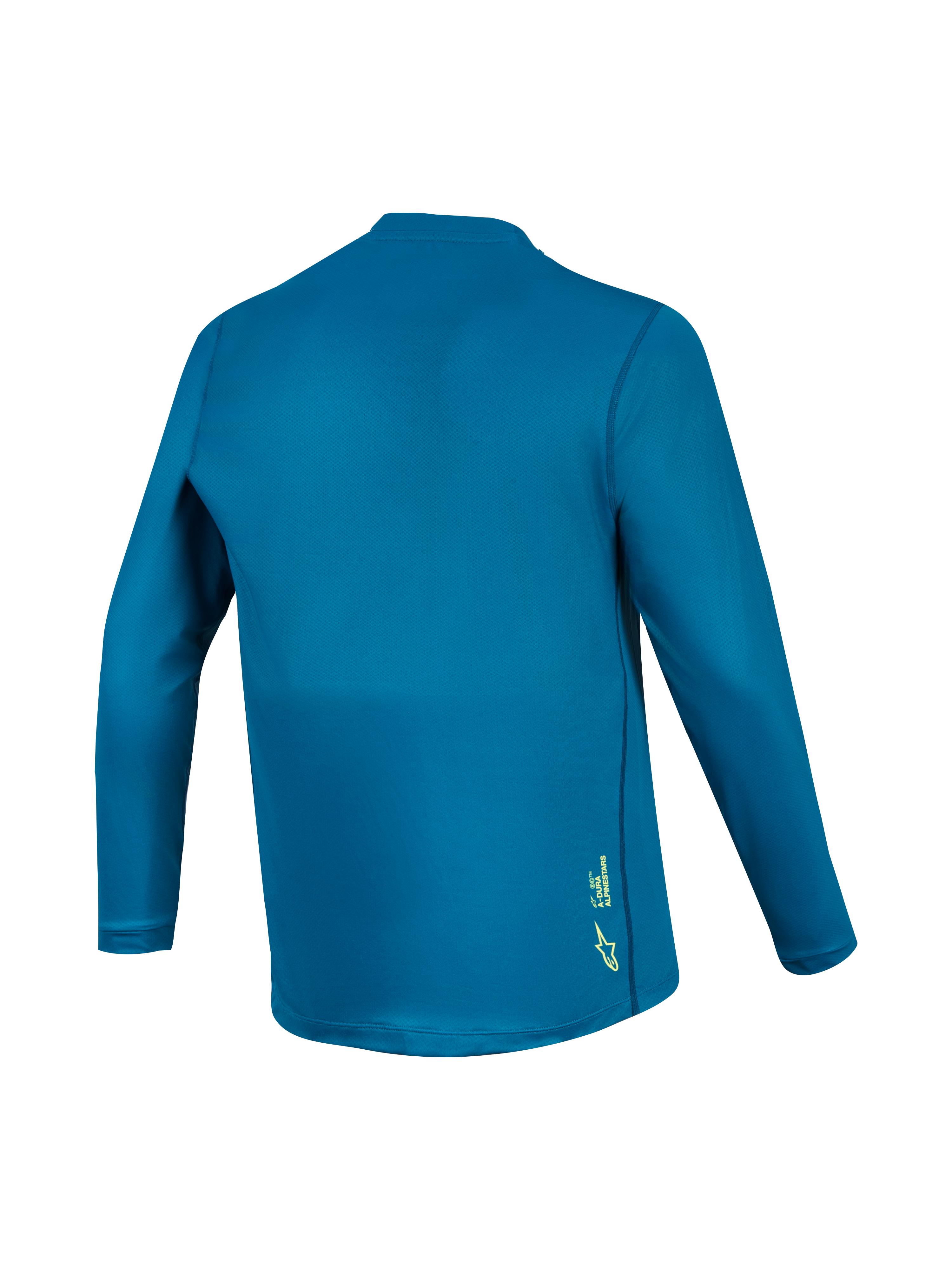 A-Dura Ride Long Sleeve MTB Jersey in blue green, back view featuring performance fabric and a small yellow logo.