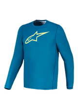 Alpinestars A-Dura Ride Long Sleeve Jersey in Blue Green with a lime yellow Astars logo, performance MTB apparel.