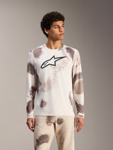 Alpinestars A-Dura Ride Long Sleeve Jersey in Sand Camo, white MTB top with abstract patterns and a black chest logo.