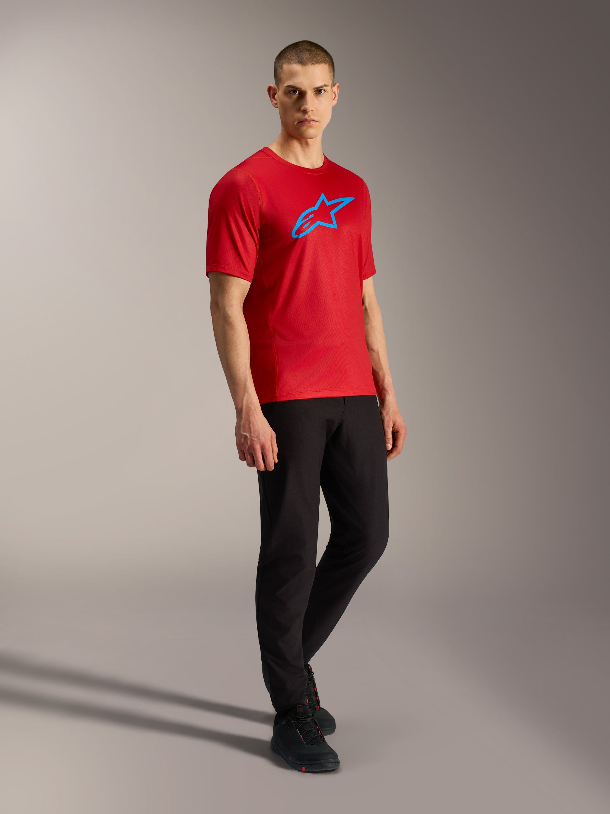 Red A-Dura Ride Short Sleeve Jersey with blue Astars logo, lightweight jacquard fabric, performance MTB apparel.
