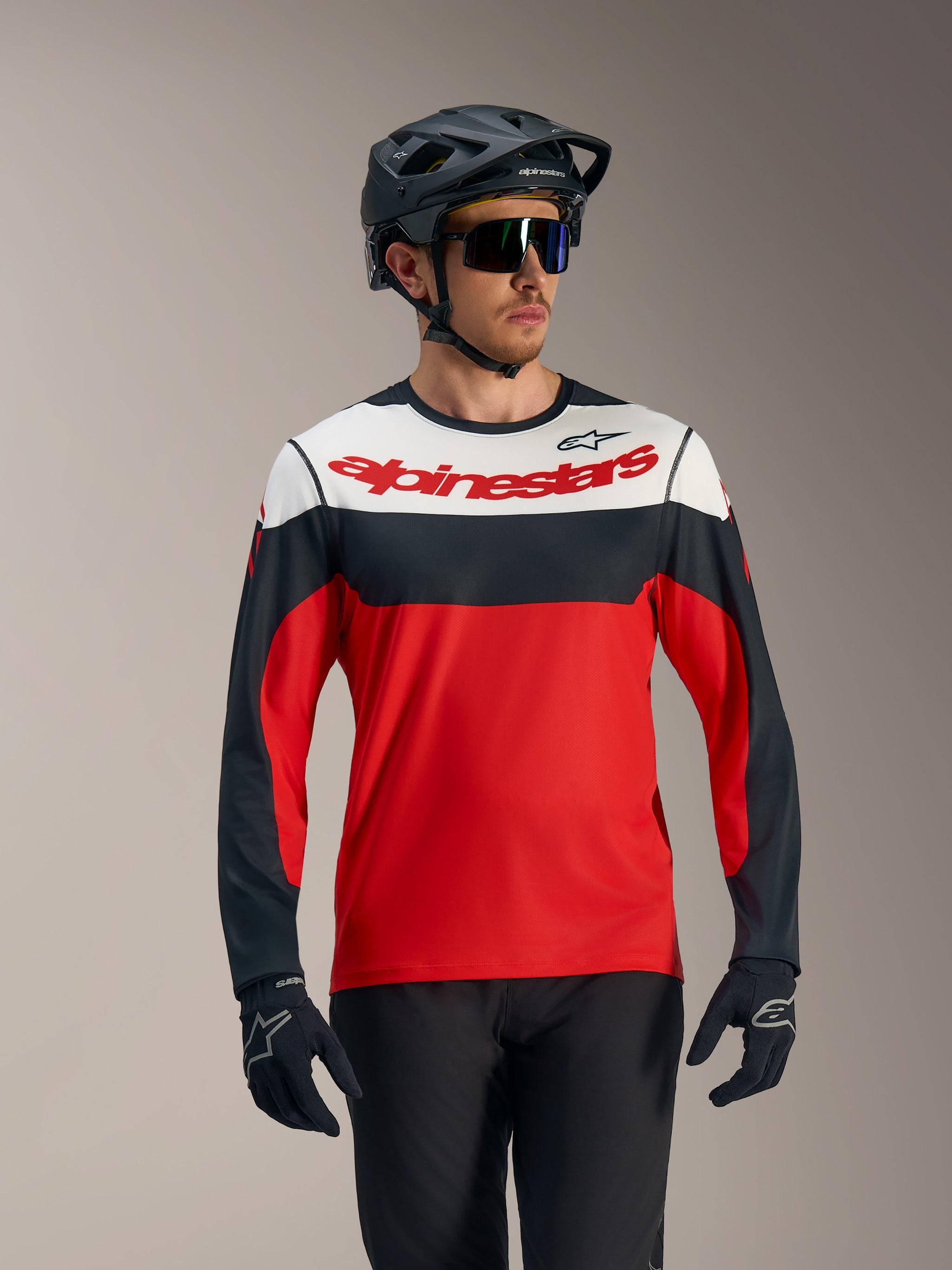 A-Dura Race Long Sleeve Jersey in red, black, and white, featuring a bold Alpinestars logo, designed for MTB performance.