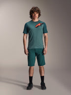 Alpinestars A-Dura Lipan Jersey, Short Sleeve MTB Jersey, Silver Pine green with black and orange Astars logo on chest, paired with matching shorts and black footwear, technical mountain bike apparel