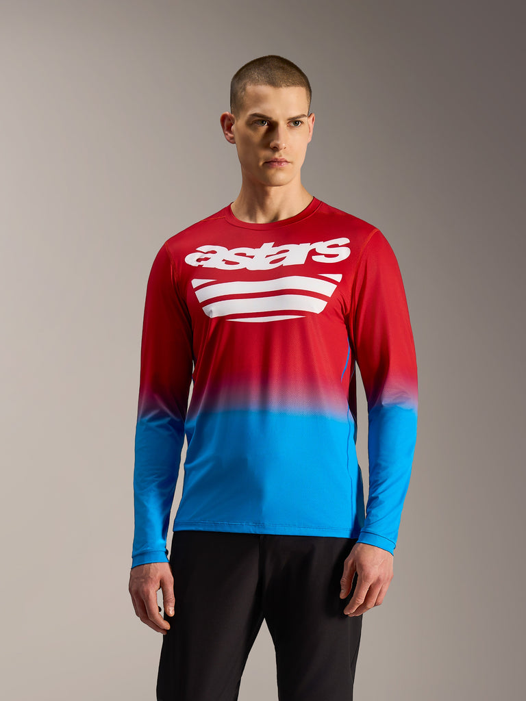A-Dura ASTARS 2.0 Long Sleeve Jersey, red and blue gradient with white chest logo, performance mountain bike apparel.