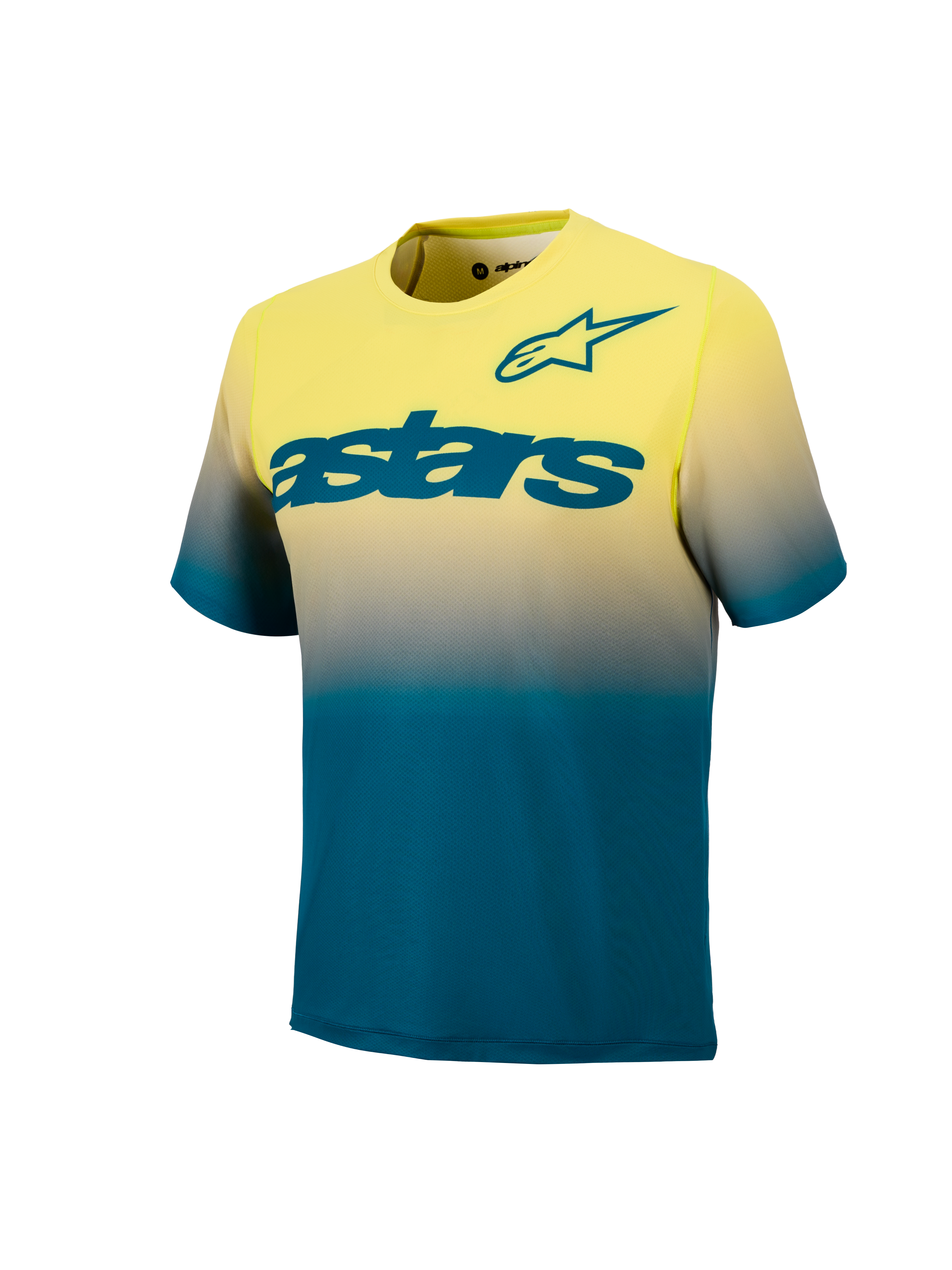 A-Dura ASTARS Jersey 2.0, short sleeve MTB top in Yellow Fluo and Blue Green gradient with bold teal chest branding.