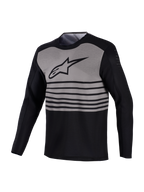 A-Dura Elite Long Sleeve MTB Jersey, black and grey design with horizontal stripes and breathable bicep perforations.