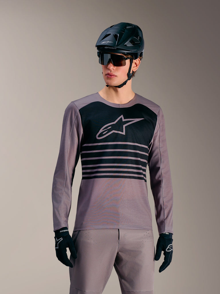 Alpinestars A-Dura Elite Long Sleeve Jersey in Gray with black blocked chest graphic, high-performance MTB trail gear.