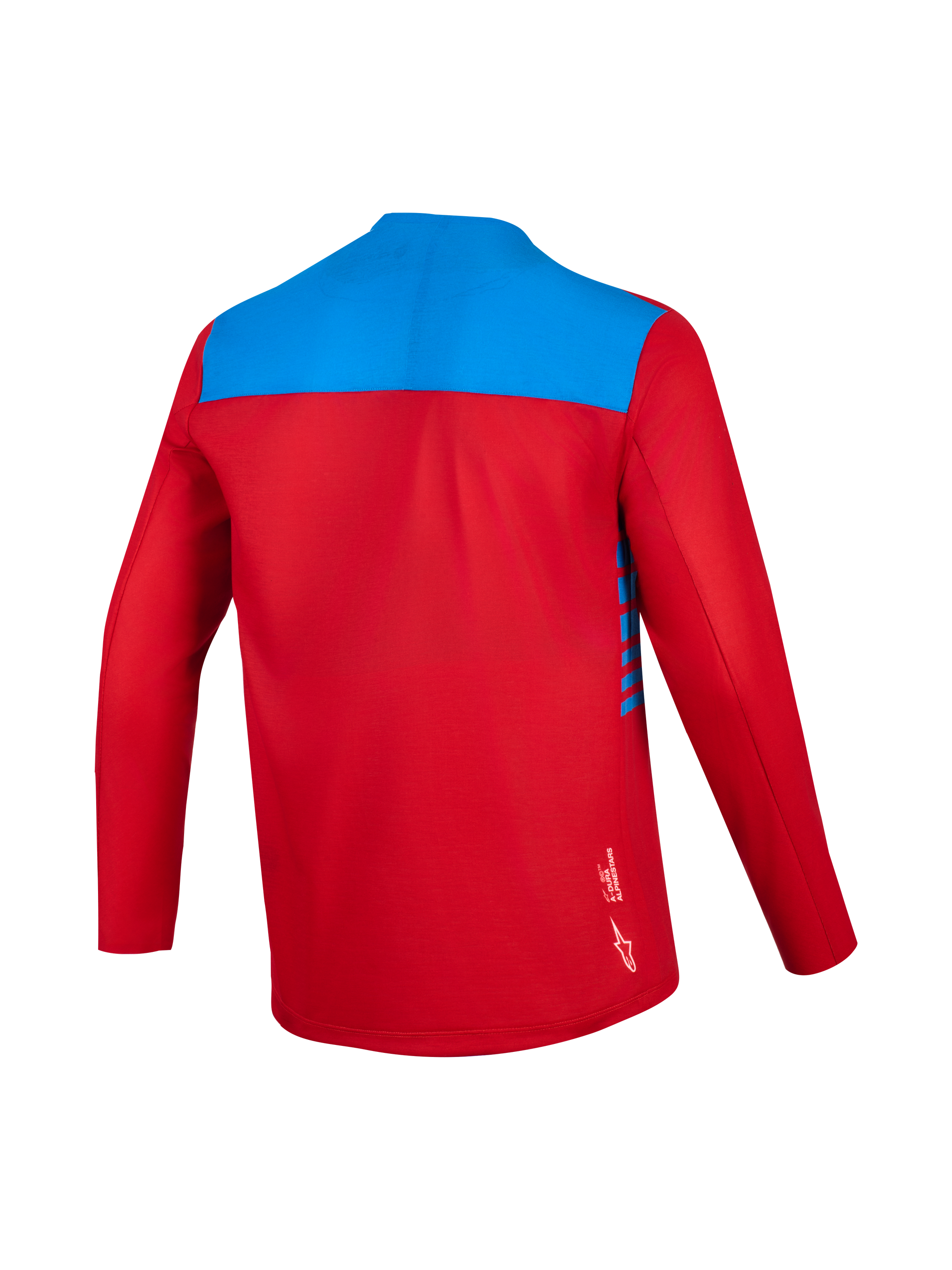 Alpinestars A-Dura Elite Jersey 2.0 Long Sleeve, Red and Blue, back view showing trail-ready moisture-wicking fabric.