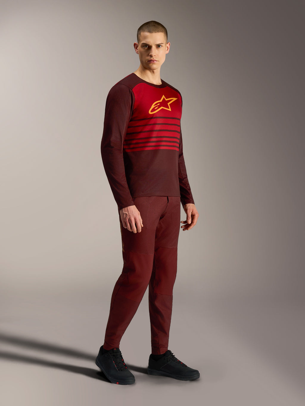 Bordeaux A-Dura Elite Jersey 2.0, long sleeve MTB jersey with red chest block and yellow Alpinestars logo
