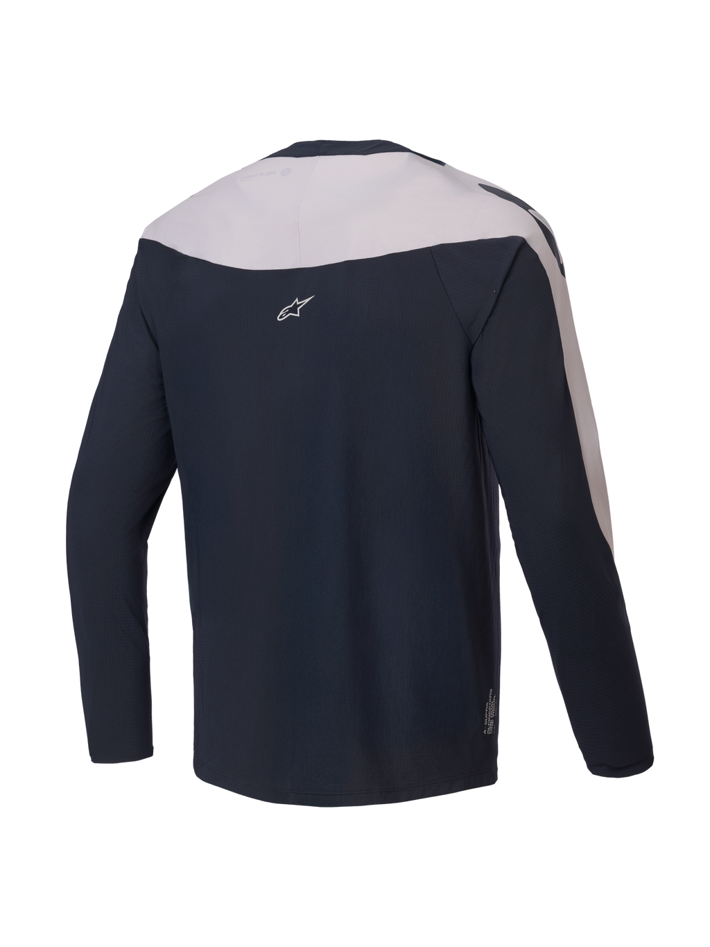 Alpinestars A-Supra Melt Jersey, long-sleeve MTB cycling jersey, back view, Black and Light Grey, lightweight micro-perforated polyester with stretch panels