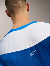 A-Supra Elite Jersey back detail, blue and white micro-perforated fabric with a signature white ASTARS logo.