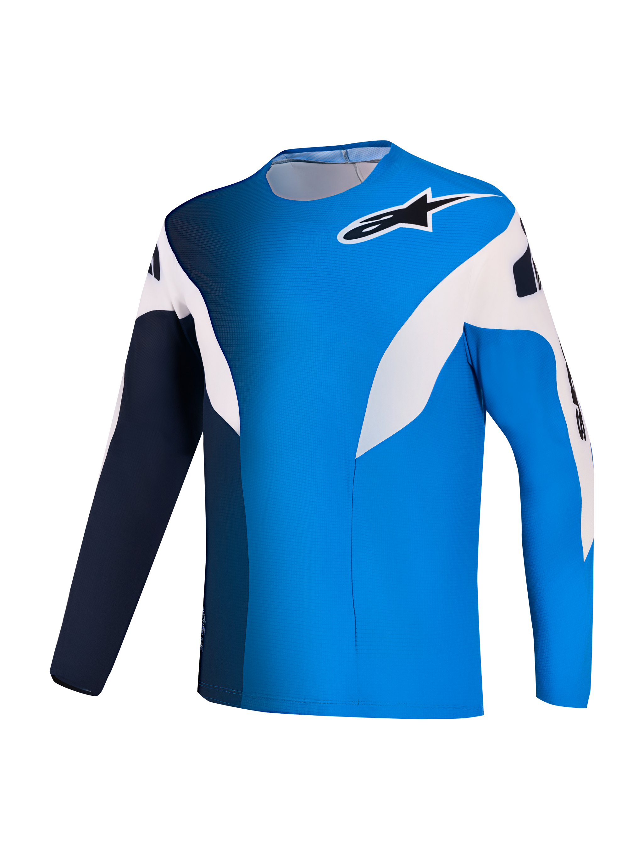 Alpinestars A-Supra Elite Jersey in Faded Bright Blue, long-sleeve MTB racing top with white graphics and Astars logo.