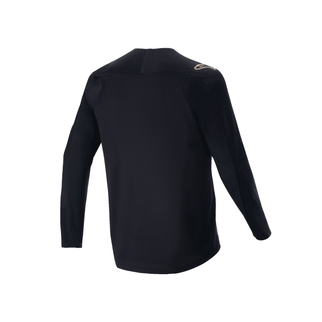 Alpinestars A-Aria Polartec Switch Long Sleeve Jersey, Black, rear view of mountain bike jersey, featuring a small tan logo on the shoulder and drop tail hem, technical moisture-wicking fabric for off-road cycling