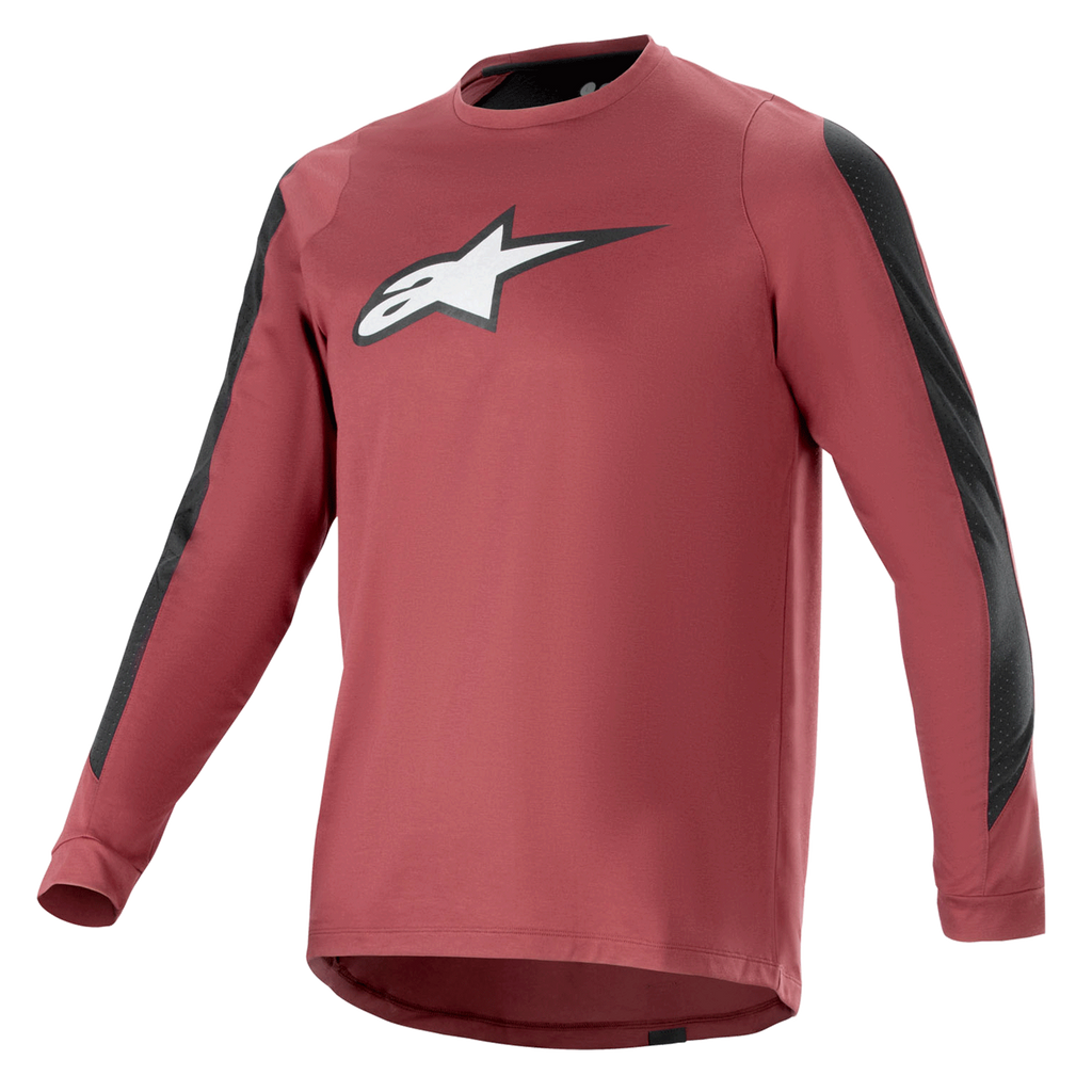 Alpinestars A-Dura Dri Astar Long Sleeve Jersey, Burgundy and Black, moisture-wicking drirelease fabric, crew neck, white Astar logo on chest, black mesh panels on sleeves, performance mountain bike apparel