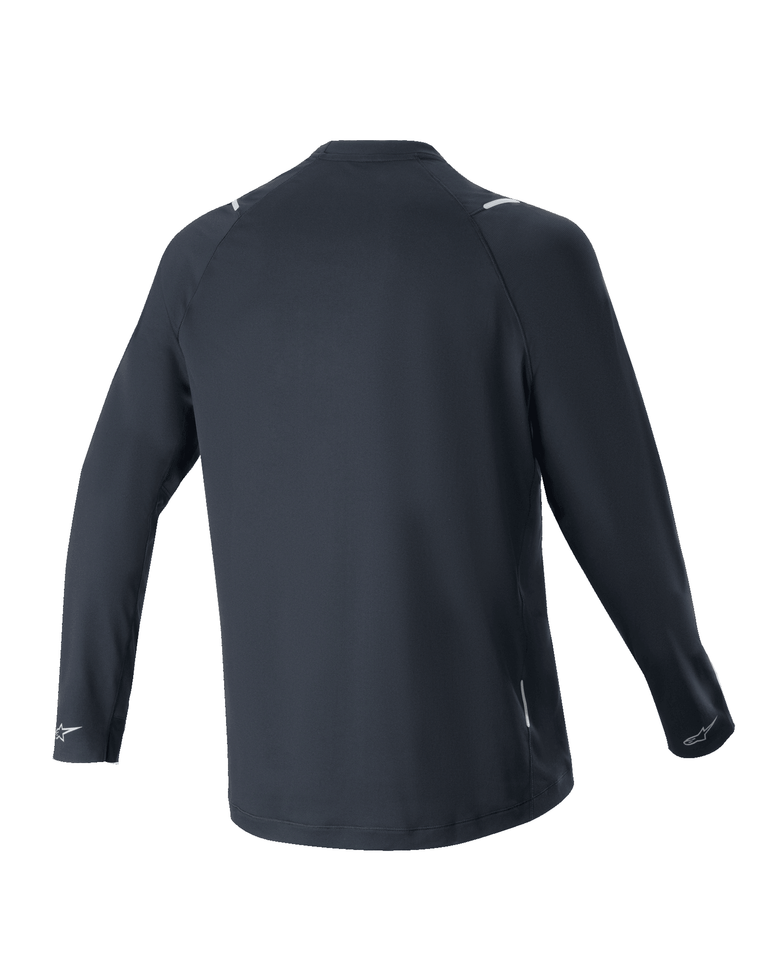 Alpinestars A-Aria Switch Long Sleeve Jersey, Black, Back View, lightweight and breathable polyester fabric, featuring a longer drop tail for coverage and reflective Alpinestars logos on the cuffs, performance fit for mountain bike riding