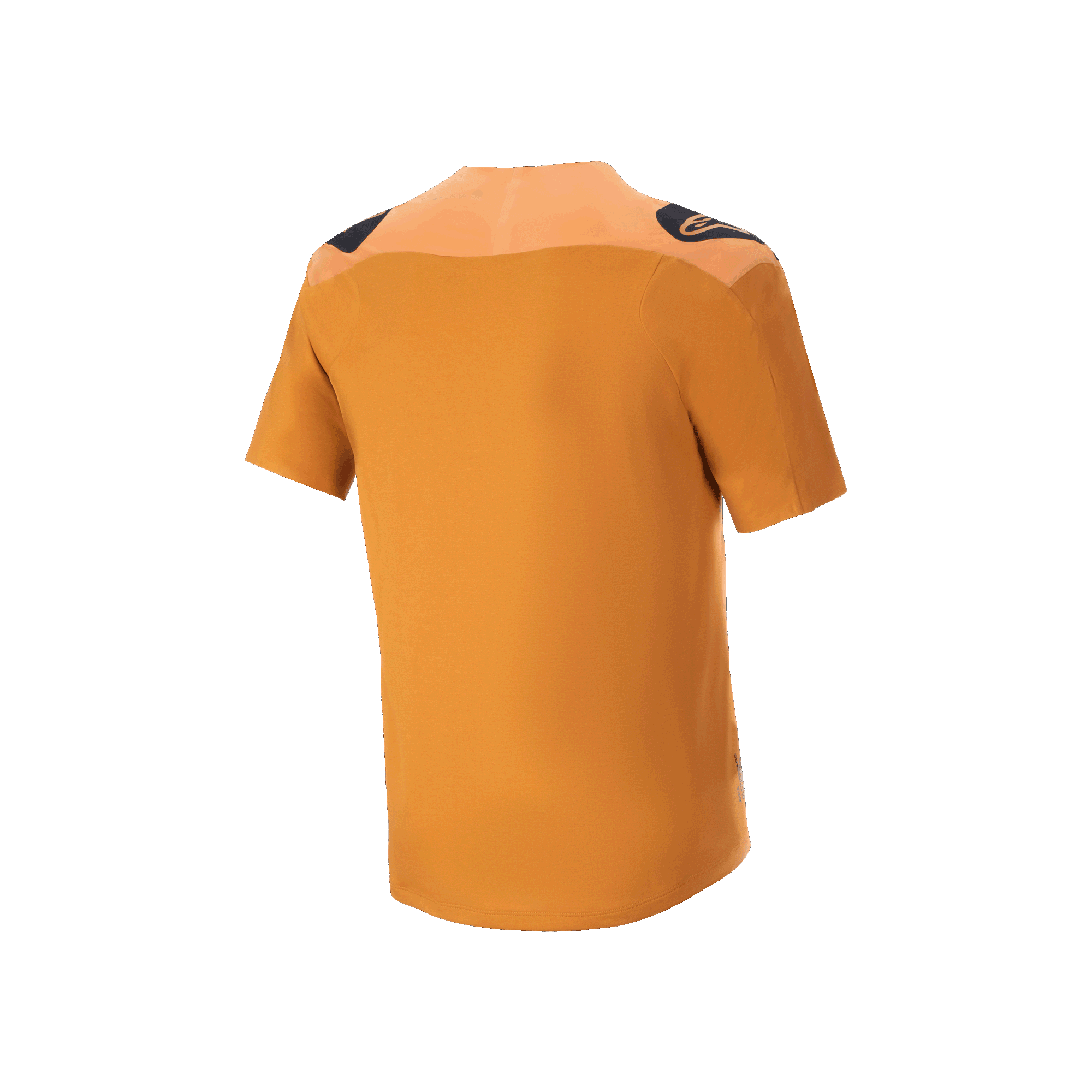 Alpinestars A-Aria Polartec Switch Jersey, Short Sleeve MTB Jersey, Dark Gold, Rear view with black shoulder logos and longer drop tail, performance mountain bike apparel