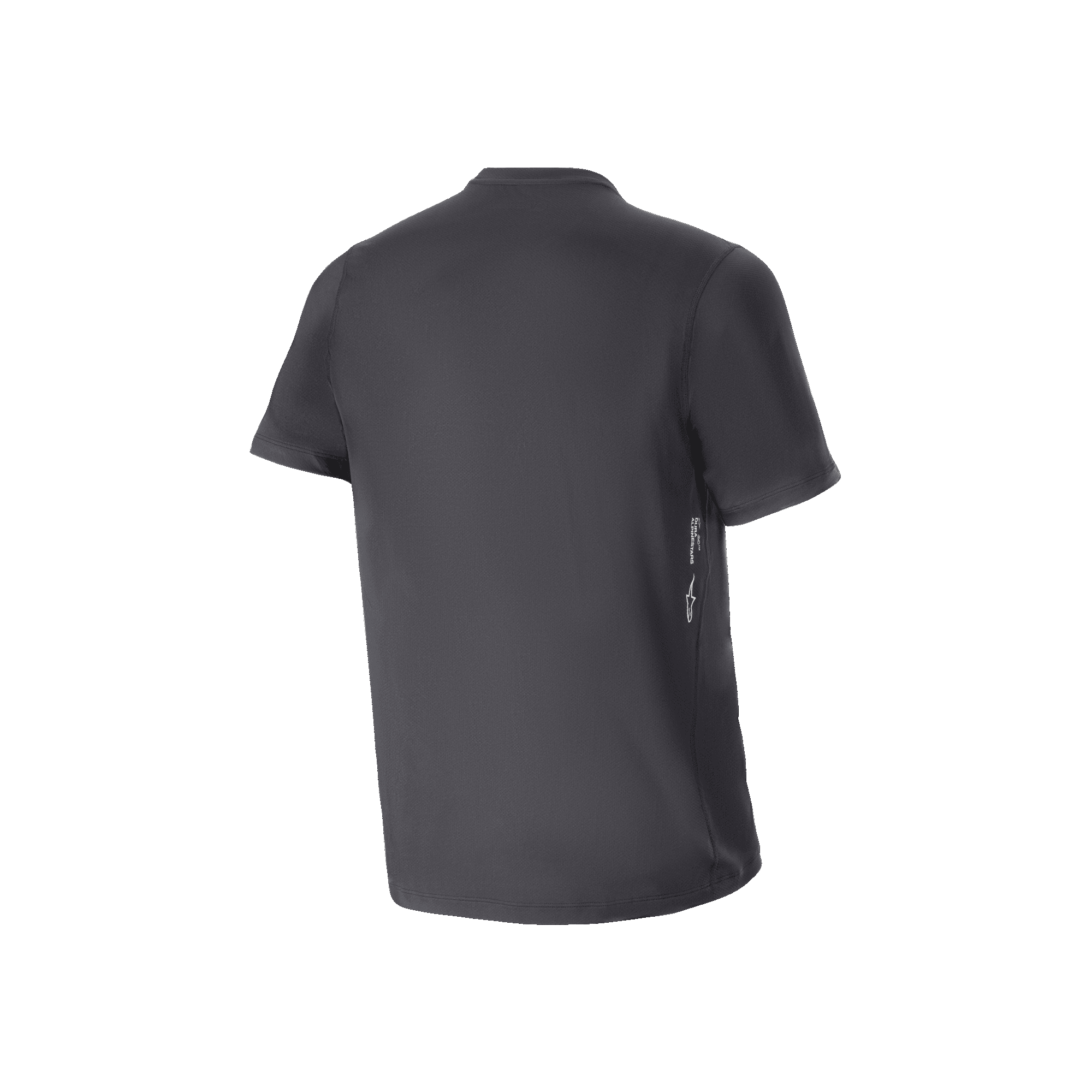 Alpinestars A-Dura Oscar Short Sleeve Jersey, MTB Cycling Jersey, Black, back view featuring small vertical white branding on the lower side, regular fit, technical performance apparel for off-road riding