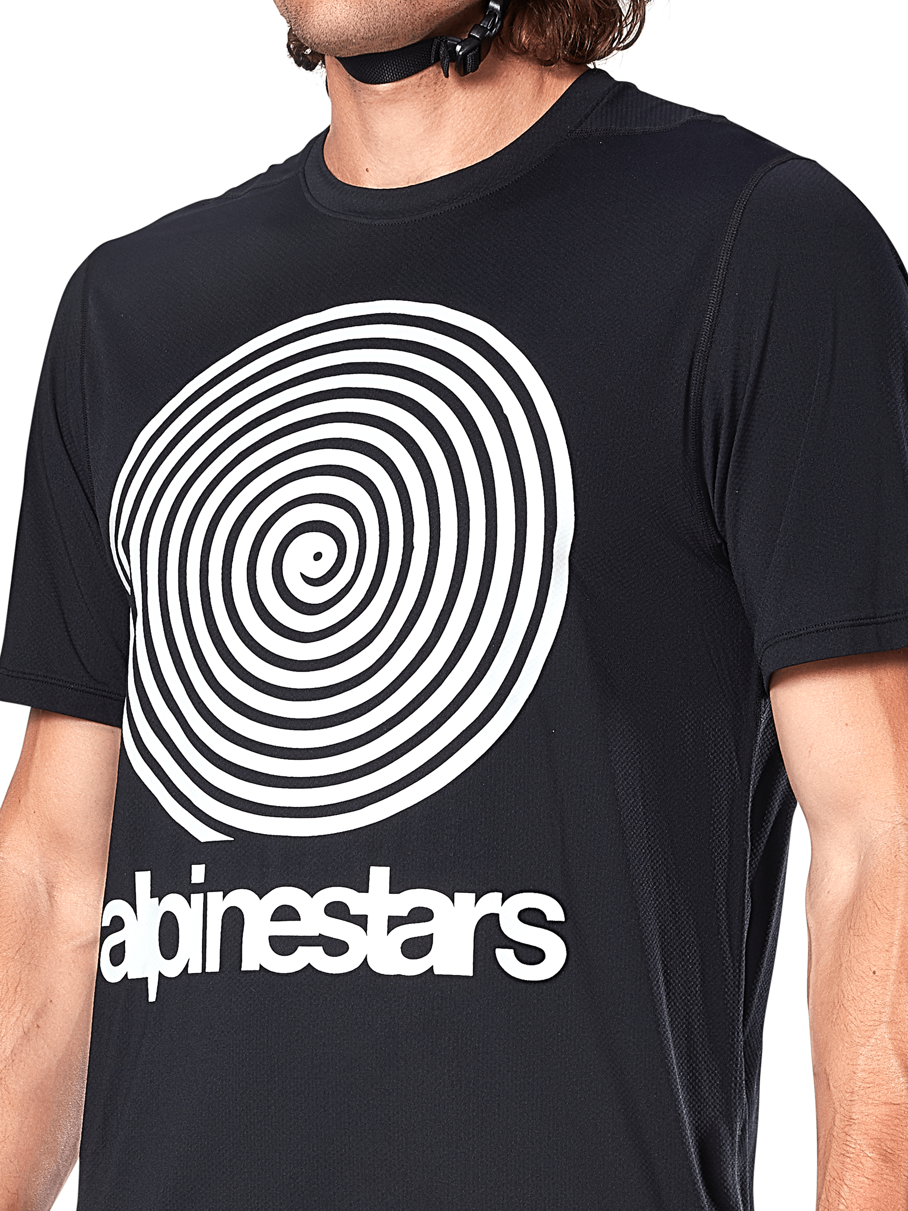 Alpinestars A-Dura Oscar Jersey, Short Sleeve MTB Jersey, Black, featuring a large white vintage Oscar spiral graphic and Alpinestars wordmark on the chest, performance cycling apparel