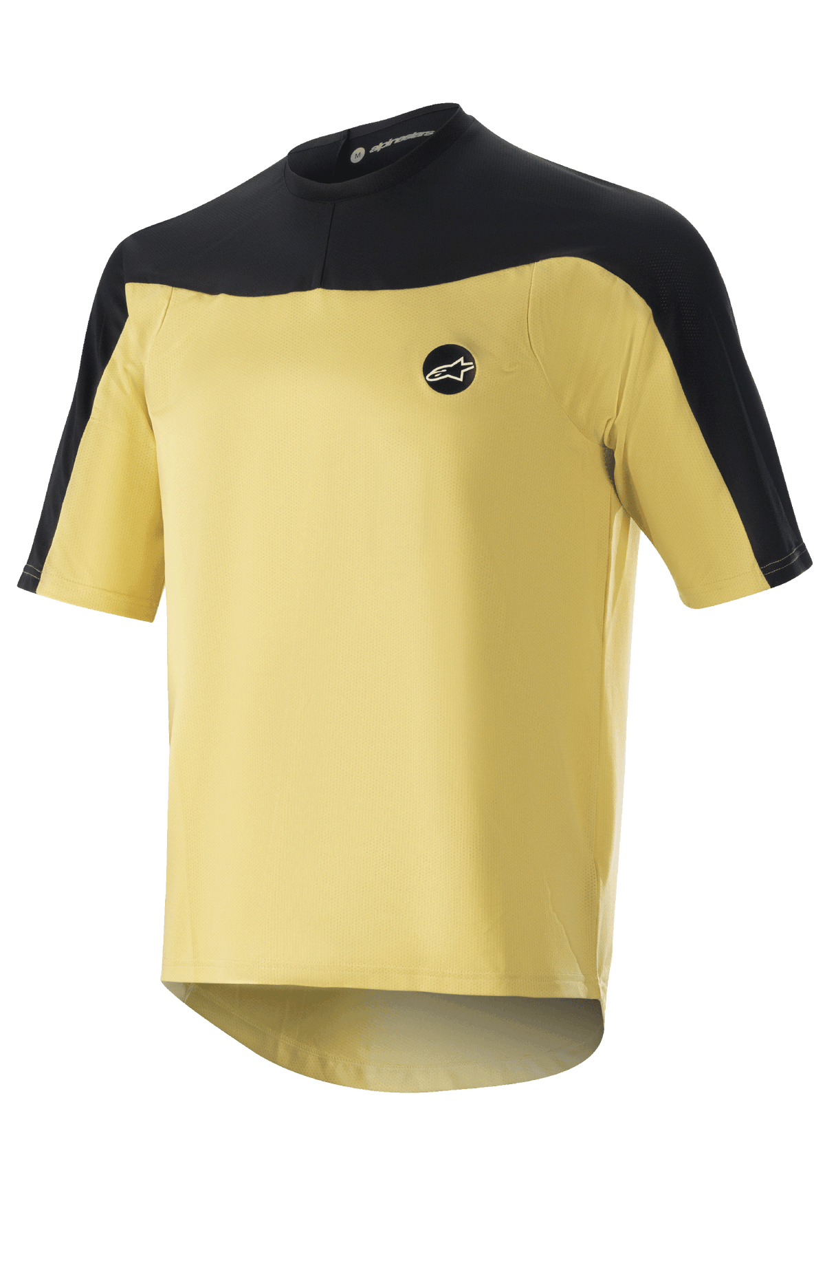 Alpinestars Drop Meta Jersey - Short Sleeve, MTB Cycling Jersey, Gold and Black, mesh construction with color-blocked shoulders, circular chest logo, and extended rear hem.