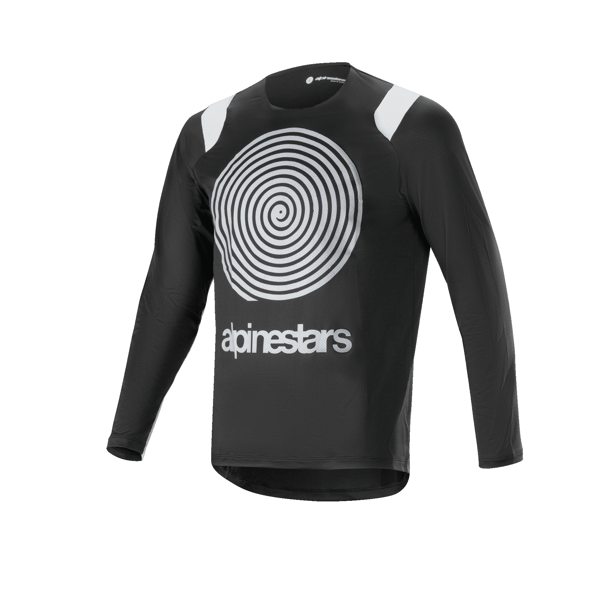 Alpinestars A-Supra Oscar Long Sleeve Jersey, Black cycling jersey, featuring a large white Oscar spiral graphic on the chest, white shoulder accents, Alpinestars logo, lightweight and breathable for MTB gravity riding