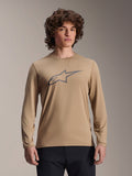 Alpinestars A-Dura Astar Long Sleeve Jersey, Light Brown, MTB mountain biking shirt, featuring a large dark gray Astars logo on the chest, regular fit, technical moisture-wicking fabric for off-road performance