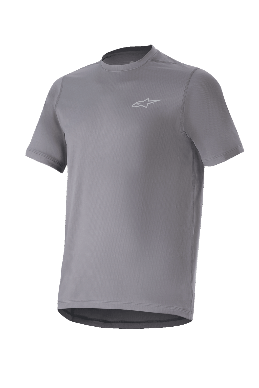 Alpinestars A-Dura Astar Jersey, Short Sleeve Mountain Bike Jersey, Dark Gray, featuring a small silver logo on the chest, crew neck and drop tail, moisture-wicking performance fabric, MTB trail riding