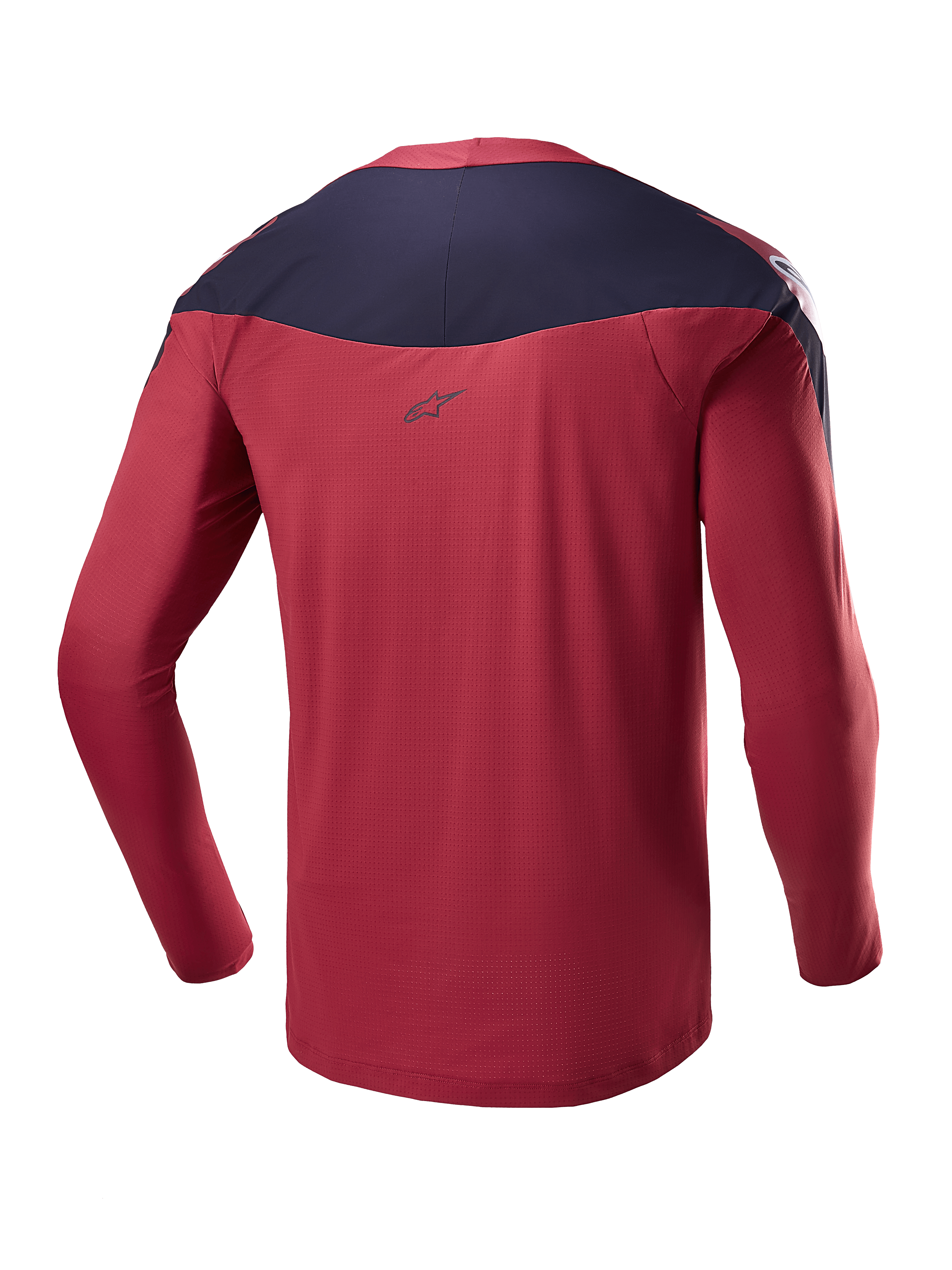 Alpinestars A-Supra Race Jersey - Long Sleeve, Burgundy and Navy, Rear view showing technical micro-perforated fabric, dark shoulder panel with logo, performance MTB gear