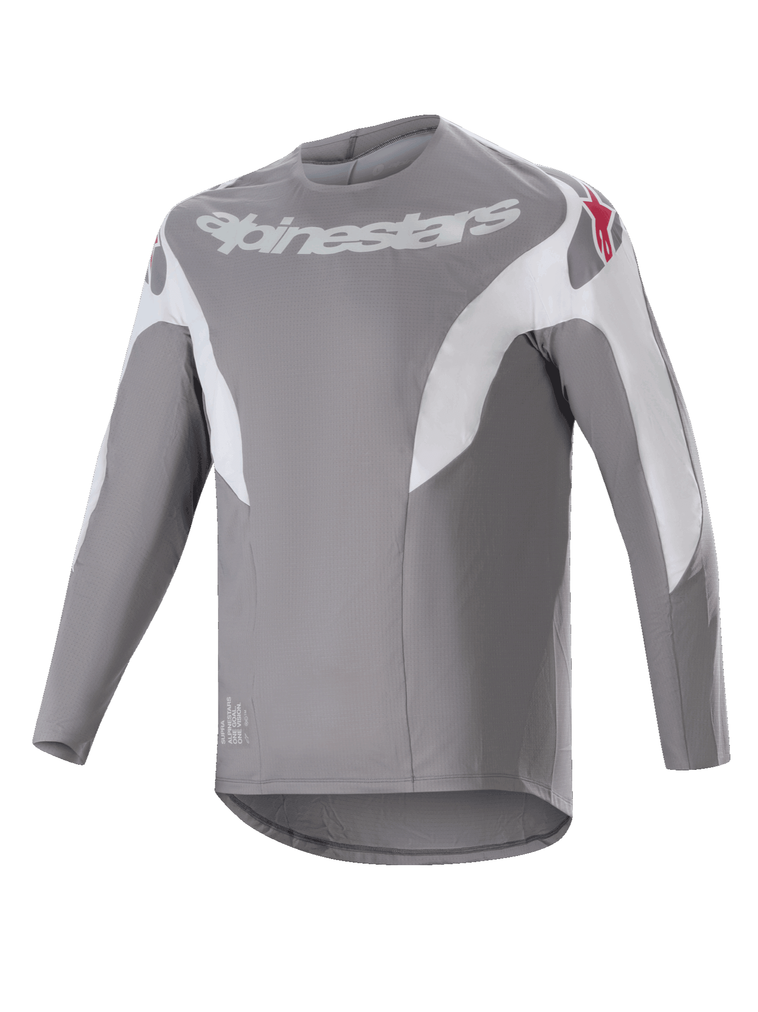 Alpinestars A-Supra Race Jersey, Long Sleeve MTB Jersey, Dark Gray with white paneling, featuring white Alpinestars logo on the chest and red star logos on shoulders, technical micro-perforated fabric with a dropped tail design for off-road cycling