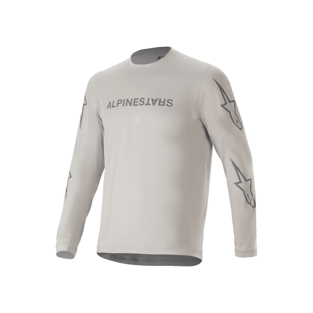 Alpinestars A-Dura Switch Long Sleeve Jersey, Light Gray mountain bike jersey, featuring chest wordmark and sleeve star logos, performance cycling apparel for trail riding