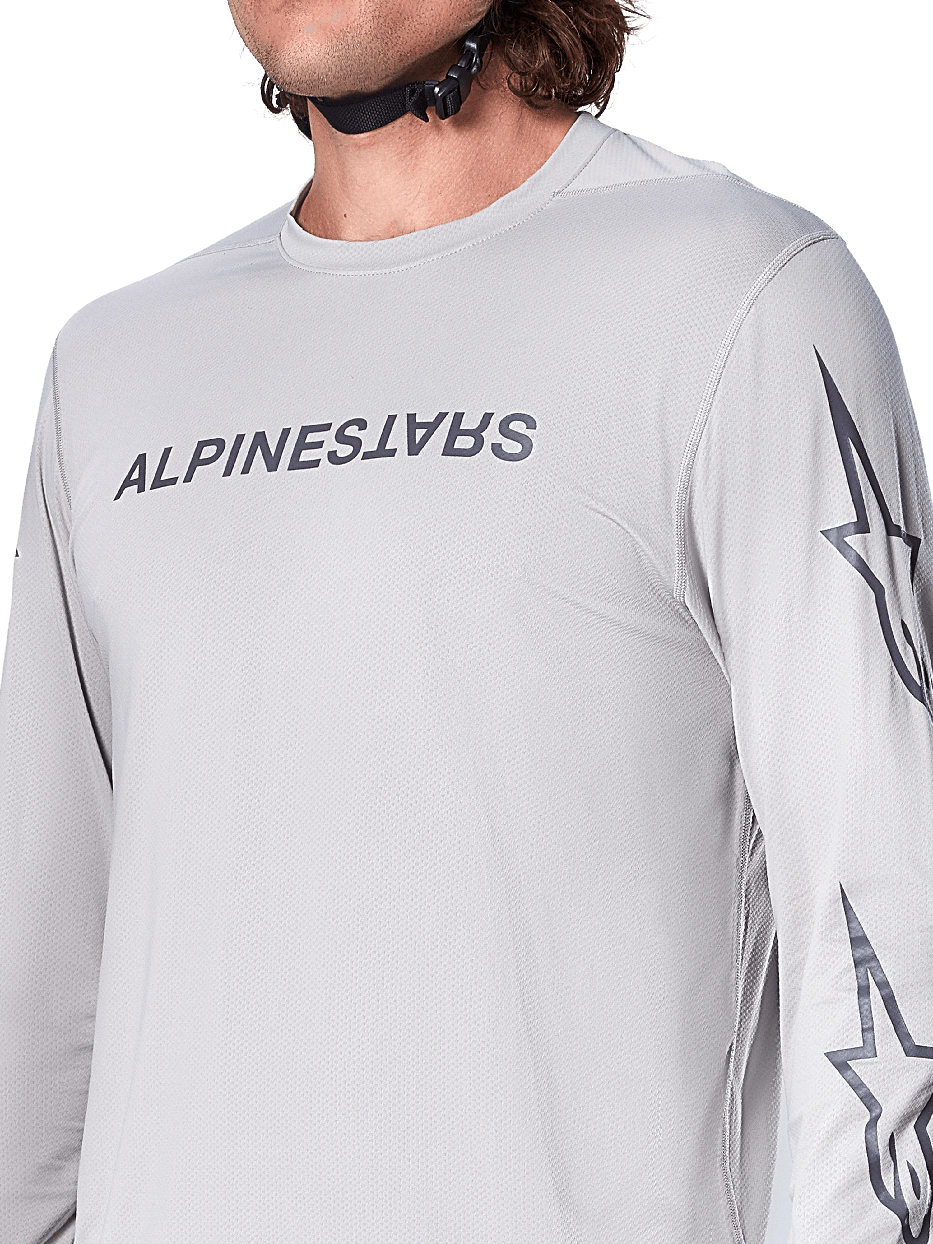 Alpinestars A-Dura Switch Jersey - Long Sleeve, Light Gray mountain bike jersey with dark gray wordmark on the chest and star logo on the sleeve, breathable jacquard texture, performance cycling gear for trail riding