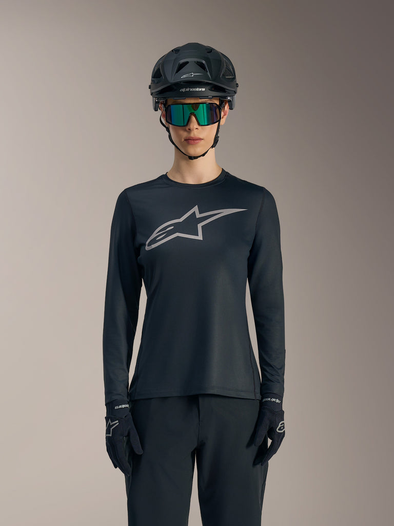 Women’s Stella A-Dura Ride Jersey, long-sleeve black mountain bike top with grey Astars chest logo and performance fit.