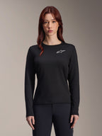 Alpinestars Stella A-Dura Thermal Jersey, Women's Long-Sleeve MTB Jersey, Black with white star logo on the chest, lightweight insulated fabric for cold weather cycling, designed for layering and trail comfort
