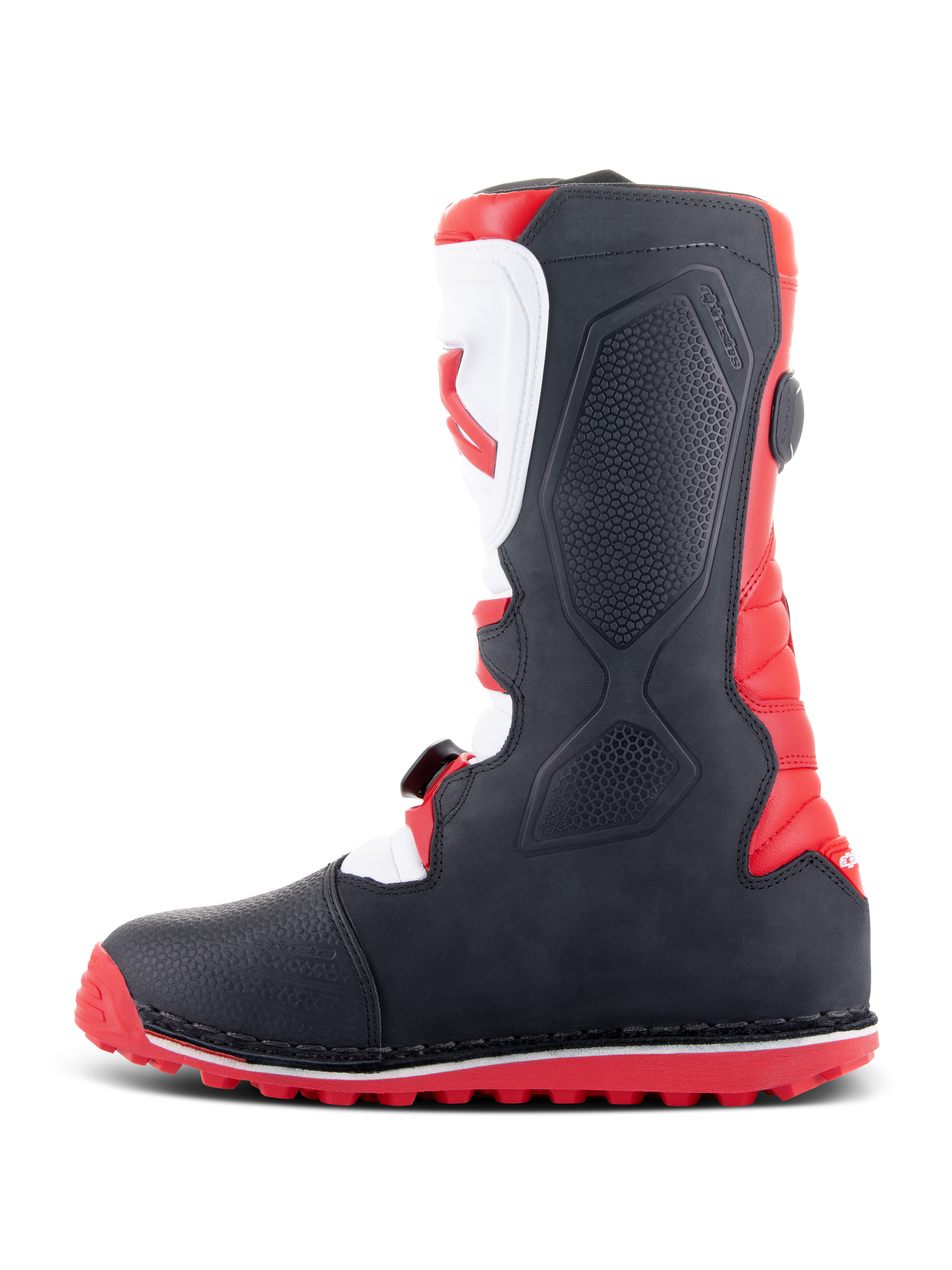Alpinestars Tech-T Boots, Trials Boots, Bright Red Black and White, side profile showing ergonomic white shinplate with red logo, black textured panels, and red lugged sole for off-road traction