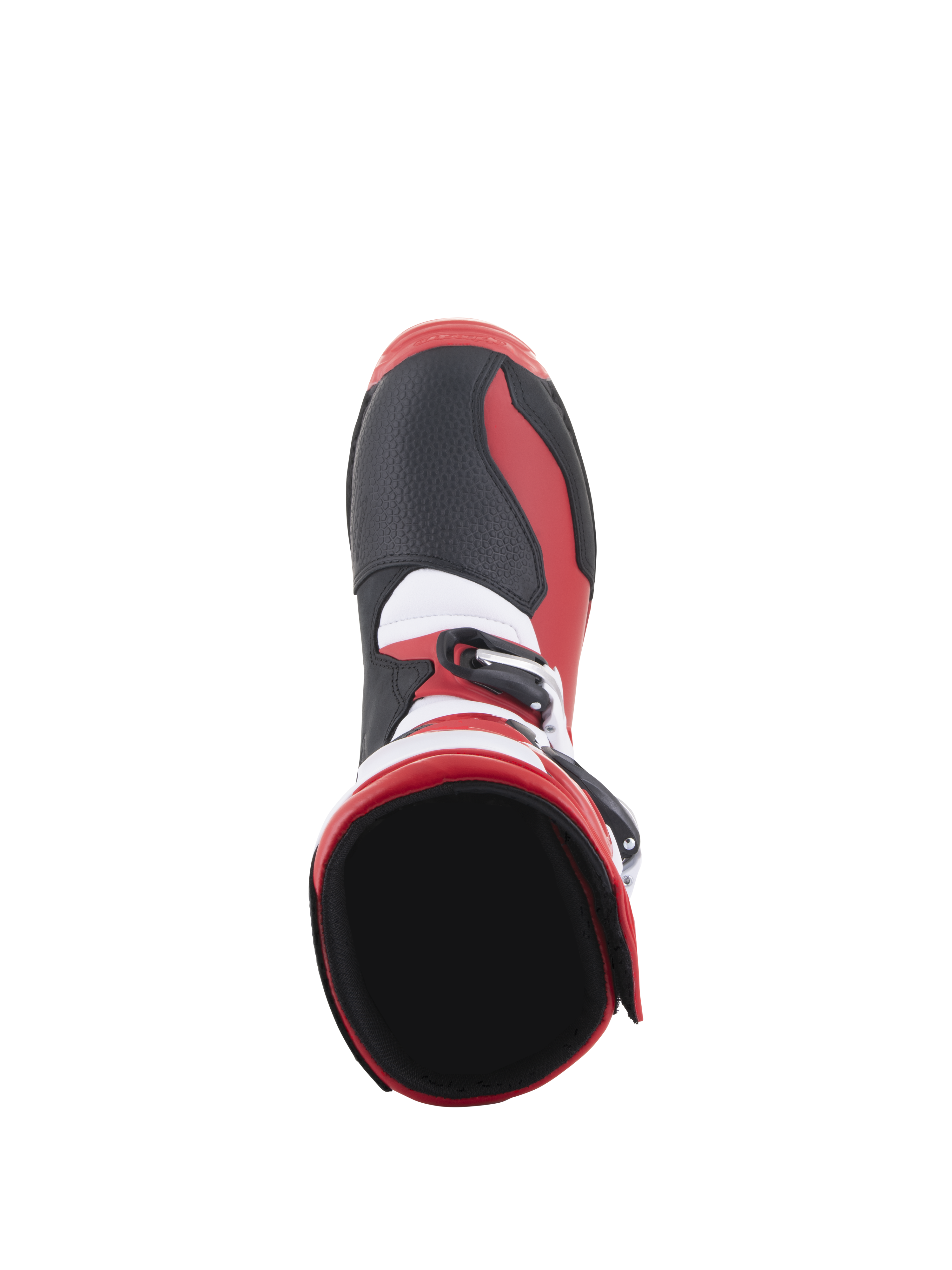 Alpinestars Tech-T Boots, Trials Motorcycle Boots, Bright Red Black White, top-down view showing the interior ankle opening and toe area, featuring black textured panels, red side accents, and white detailing, designed for off-road performance.