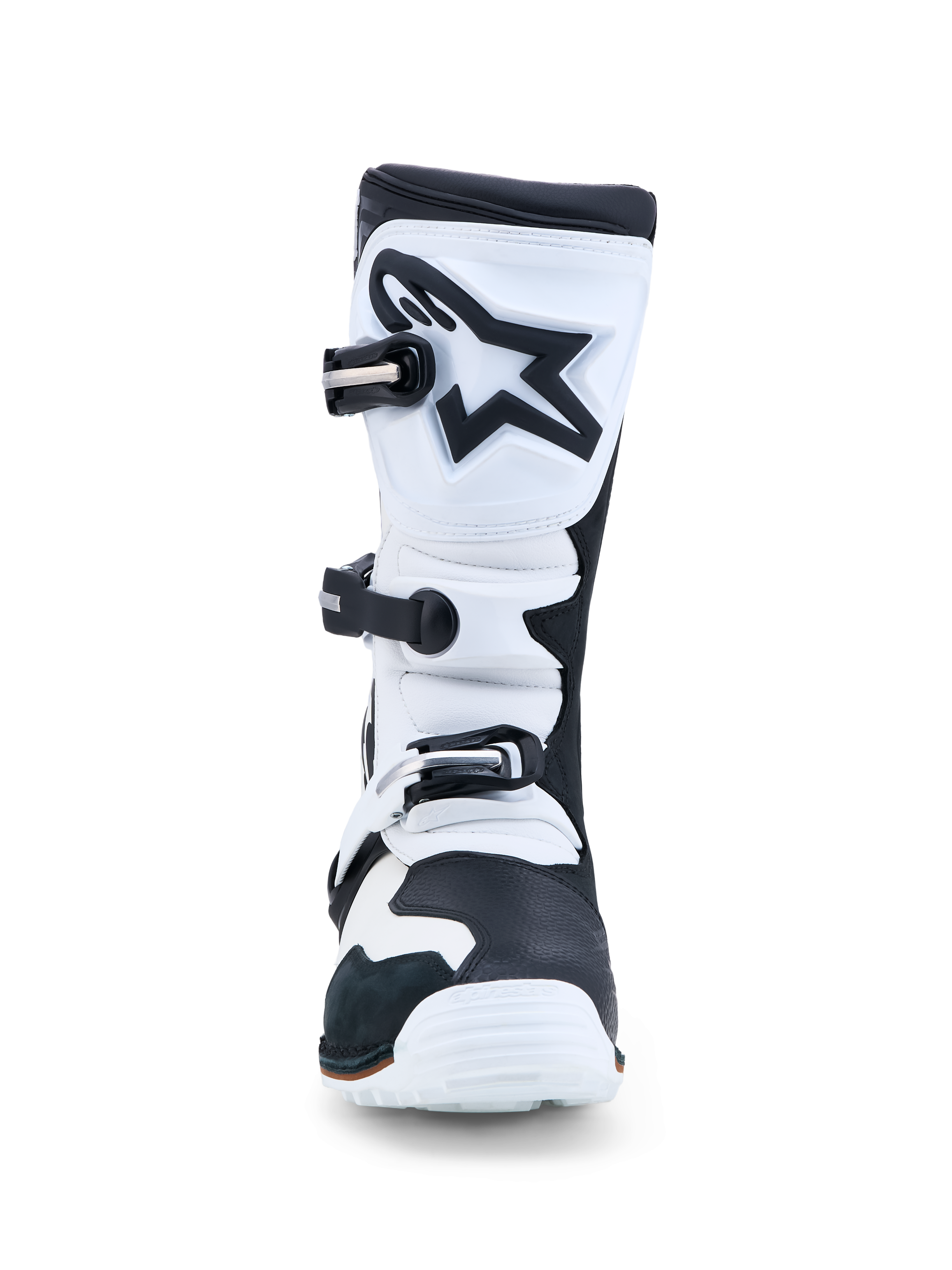 Alpinestars Tech-T Boots, trials motorcycle boots for men, black and white leather, TPU shin protection, CE certified.