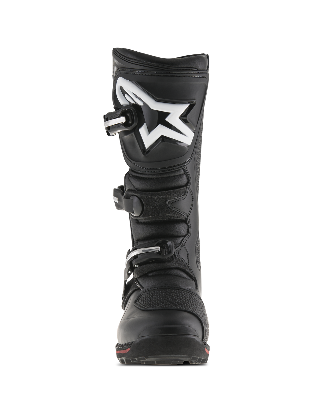 Alpinestars Tech-T Boots, Trials Motorcycle Boots, Black and Red, front view featuring ergonomic shin plate with white Astar logo, three-buckle closure system, and durable leather construction with a red accent on the sole.