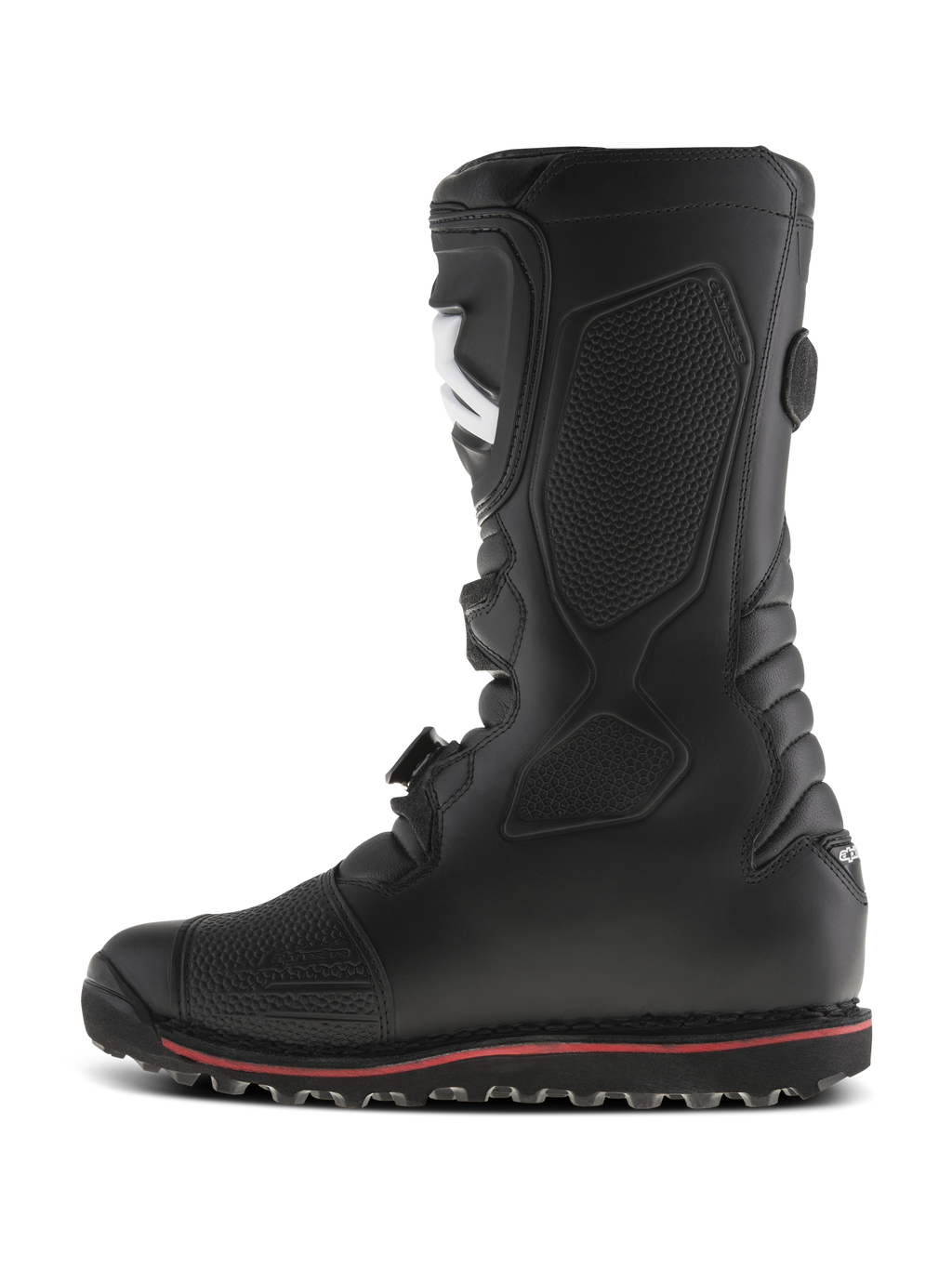 Alpinestars Tech-T Boots, trials motorcycle boots, Black with a thin red stripe on the sole, side profile view, featuring an ergonomic shinplate and textured panels for footpeg grip, durable leather construction for off-road riding