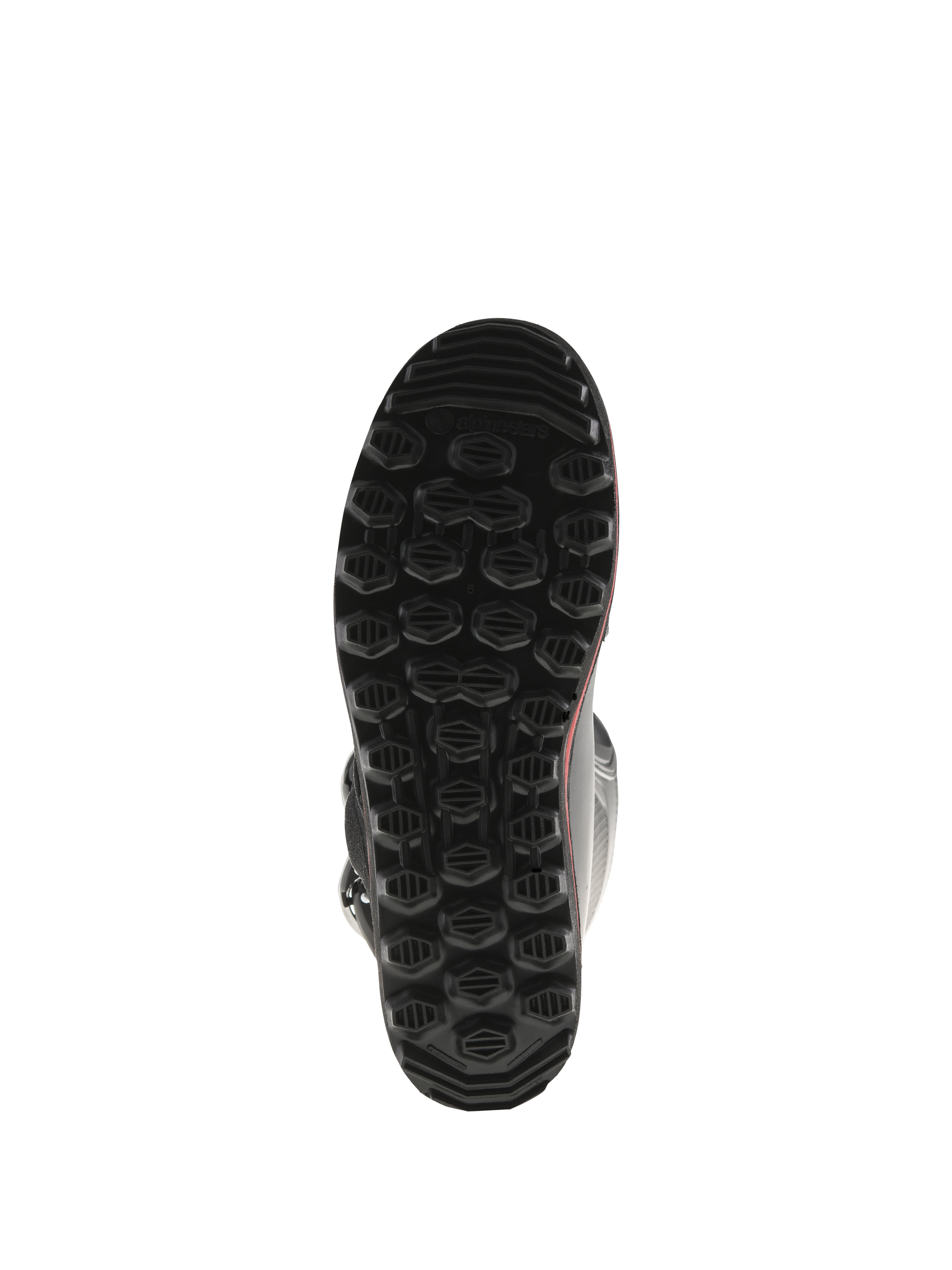 Alpinestars Tech-T Boots, Bottom View of Sole, Black with Red accents, featuring textured hexagonal lug pattern, proprietary trials sole designed for maximum grip and sensitivity on foot pegs