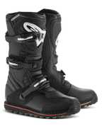 Alpinestars Tech-T Boots, Trials Motorcycle Boots, Black with Red and White accents, features three buckle closure system, ergonomic shin plate with white Astars logo, thin red stripe along the sole, durable leather construction for trials and off-road riding