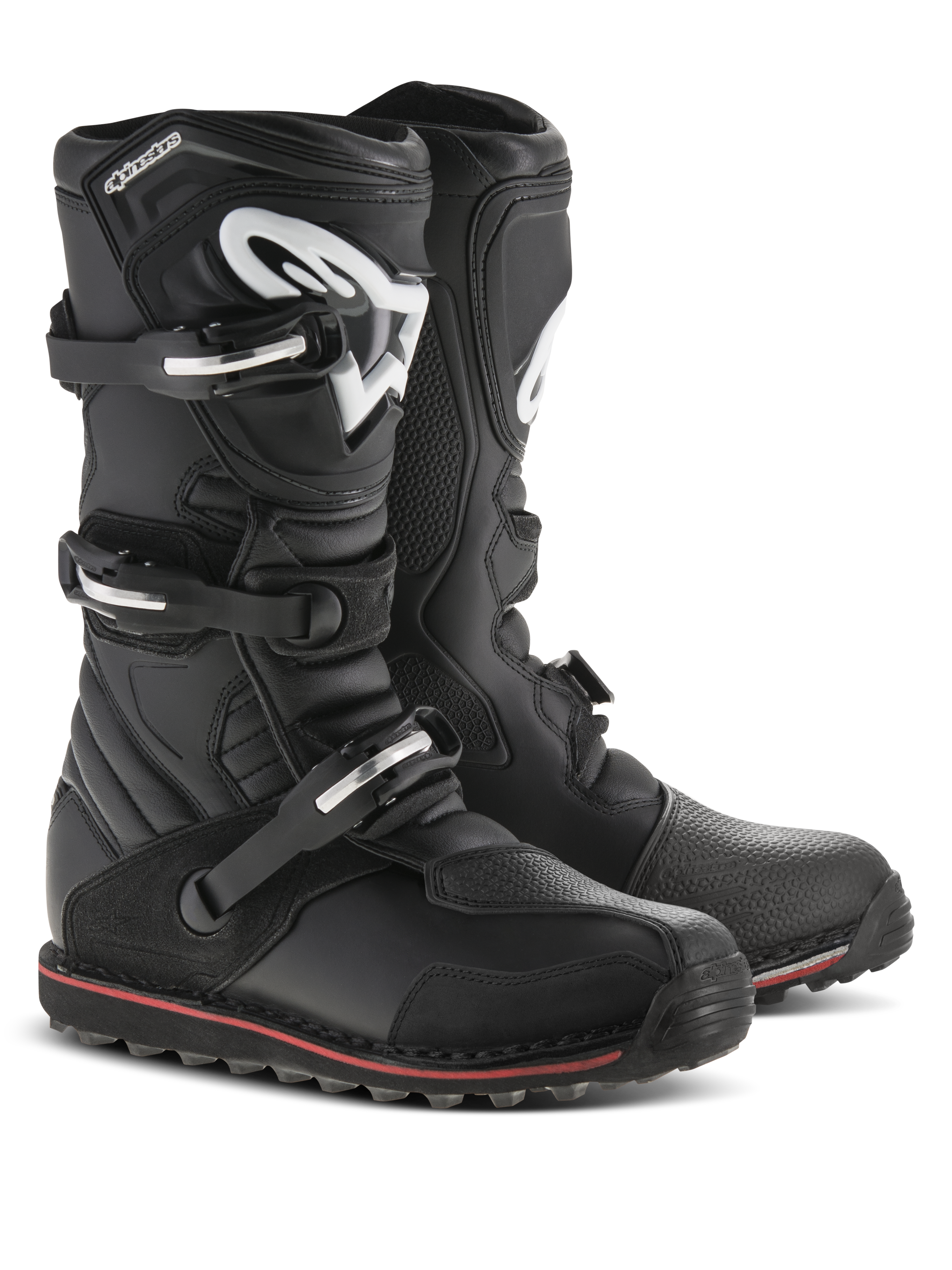 Alpinestars Tech-T Boots, Trials Motorcycle Boots, Black with Red and White accents, features three buckle closure system, ergonomic shin plate with white Astars logo, thin red stripe along the sole, durable leather construction for trials and off-road riding