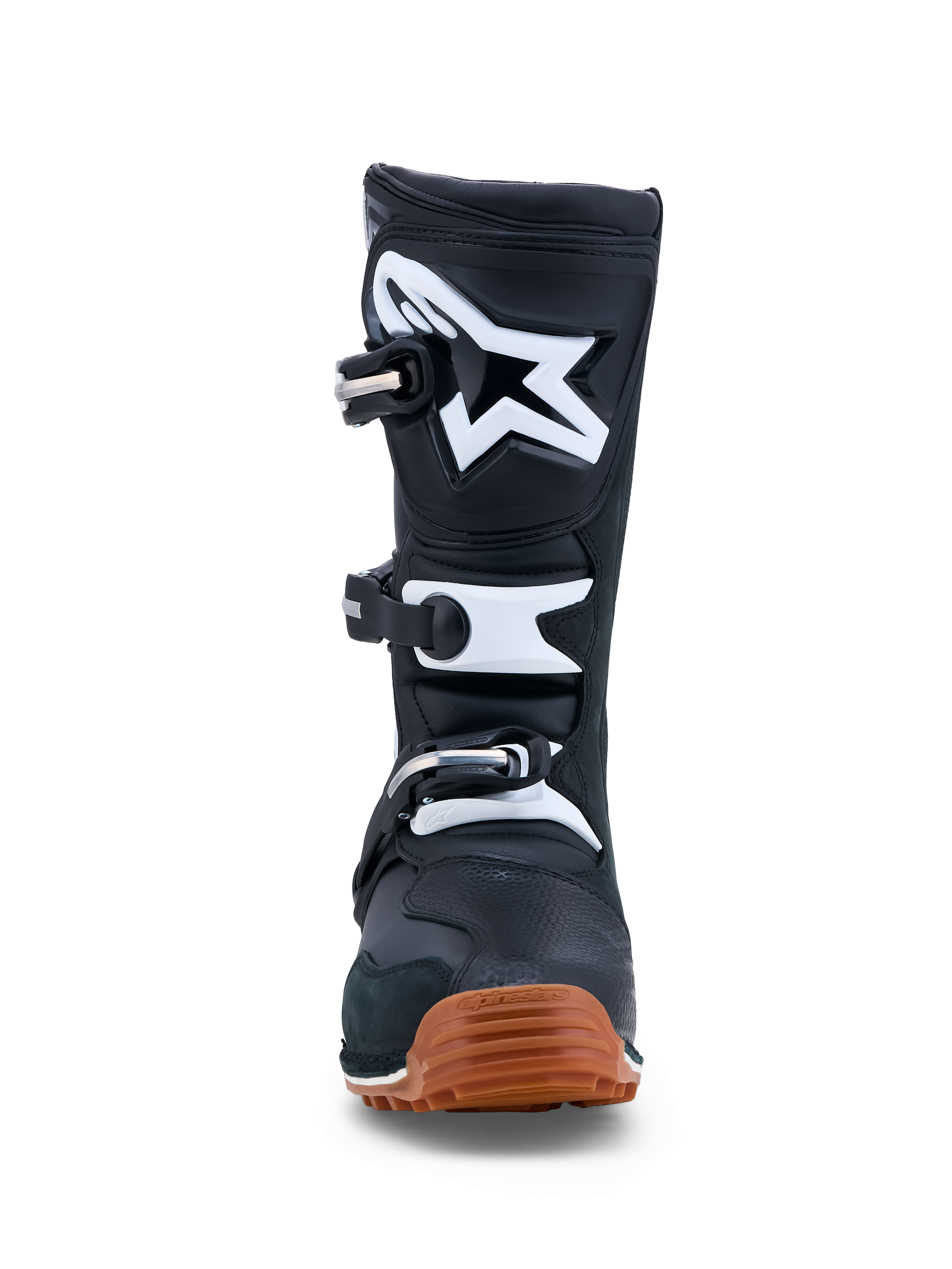 Alpinestars Tech-T Boots, Men's Black and White trials motorcycle boots with a leather build and high-grip gum sole.