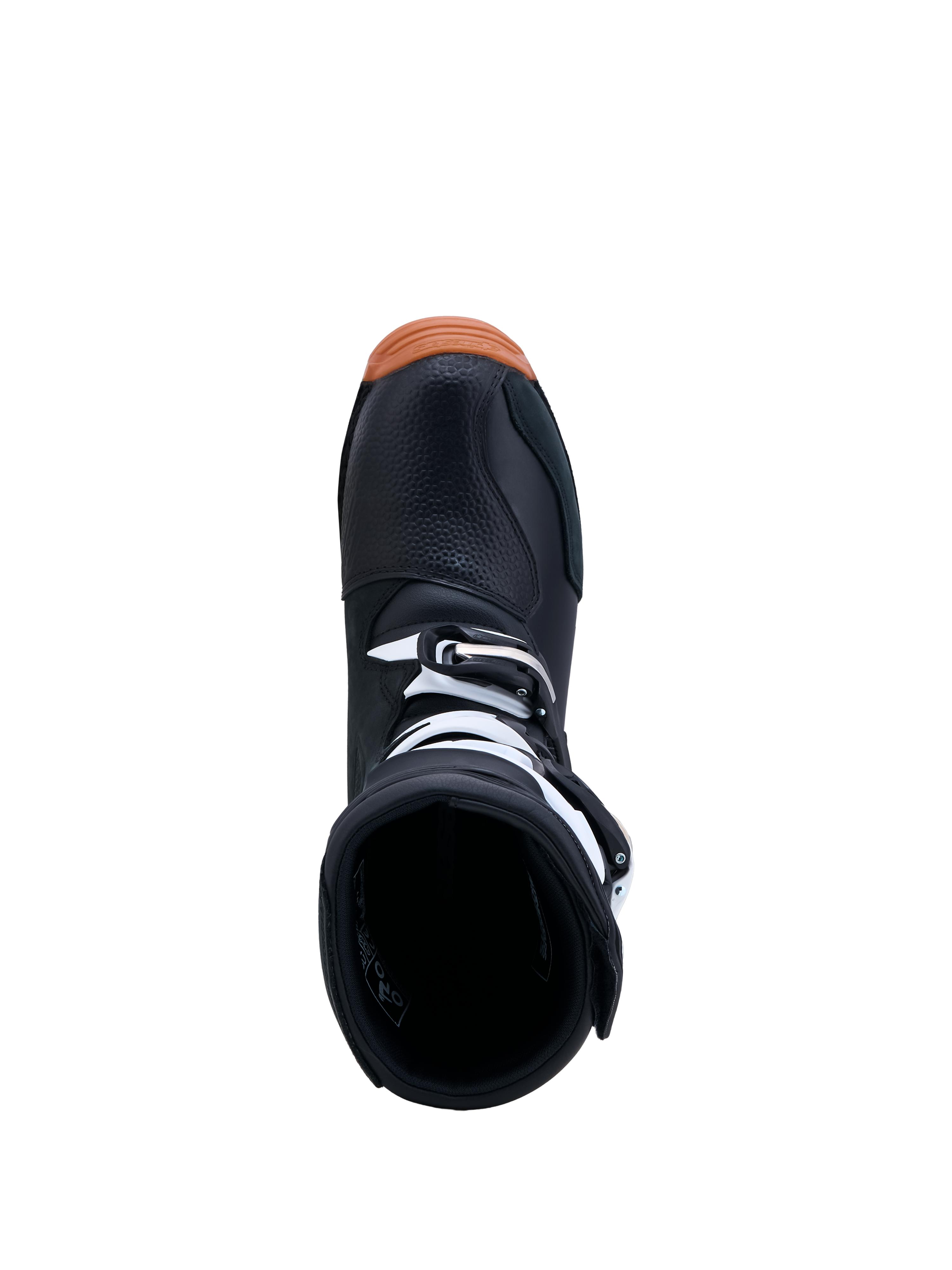 Alpinestars Tech-T Trials Boots, black and white with a gum sole, top-down view showing the entry aperture and buckles.