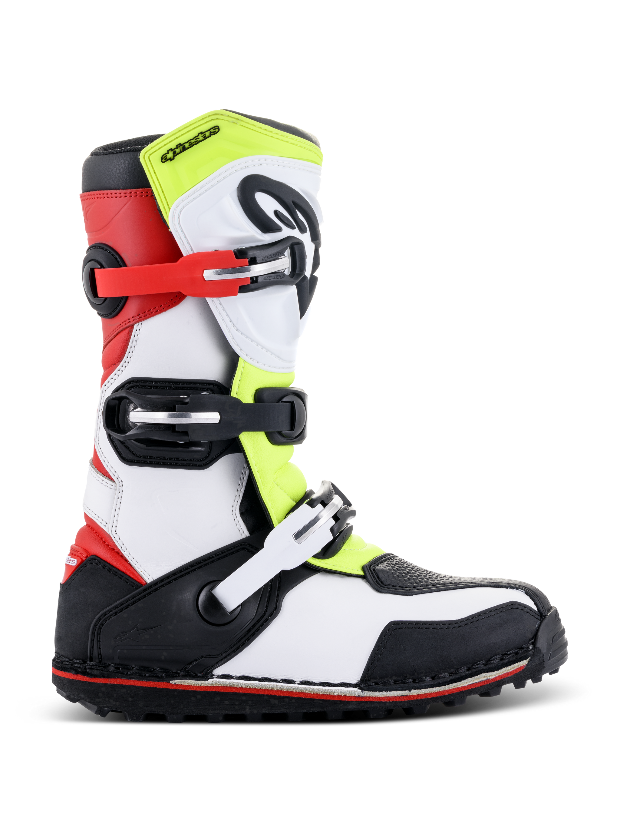 Alpinestars Tech-T Boots, Trials Motorcycle Boots, White Red Yellow Fluorescent and Black, featuring a protective shinplate, adjustable buckles in red and black, and a specialized sole for trials riding, side profile view