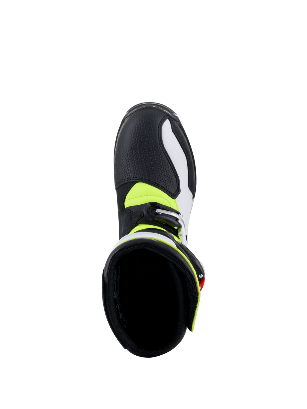 Alpinestars Tech-T Boots, Trials Motorcycle Boots, White, Red, Yellow Fluorescent and Black, top-down view looking into the boot interior, showing the cushioned black lining, neon yellow accents, and silver buckle closure