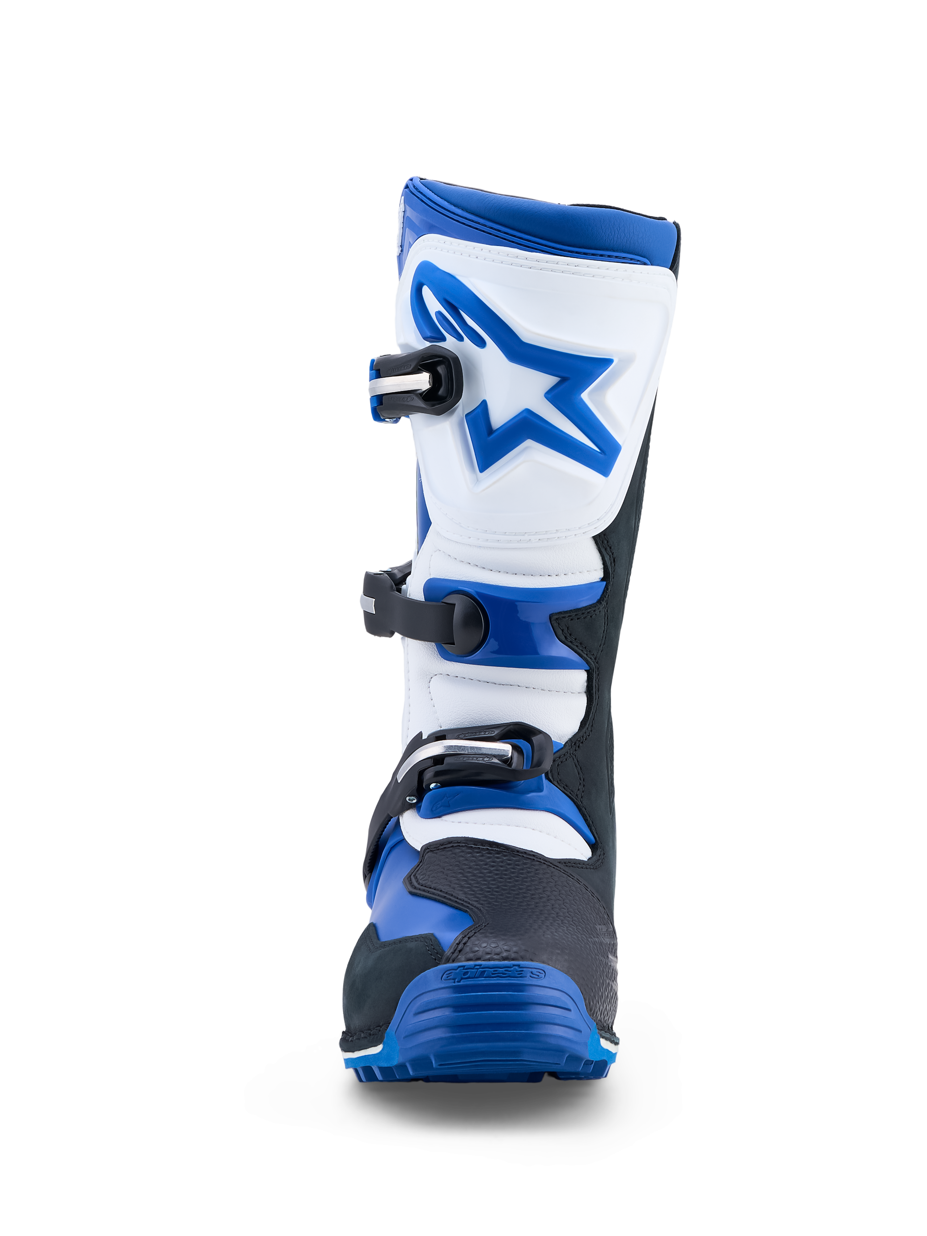 Alpinestars Tech-T Boots, men's trials motorcycle boots in blue, black, and white leather with a secure three-buckle closure.